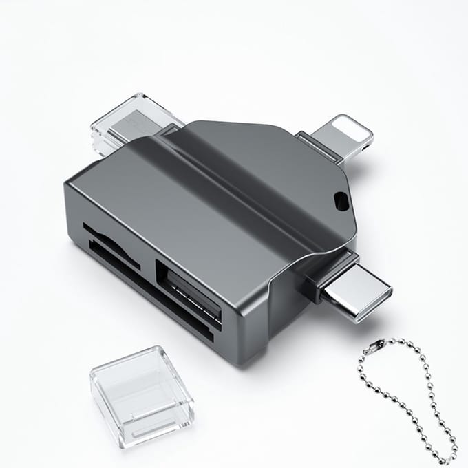 8-Pin + USB-C + Micro-USB naar USB Female + SD + Micro-SD (tf) kaartlezer adapter hub - cardreader - geschikt voor o.a. iPhone en laptop - zwart