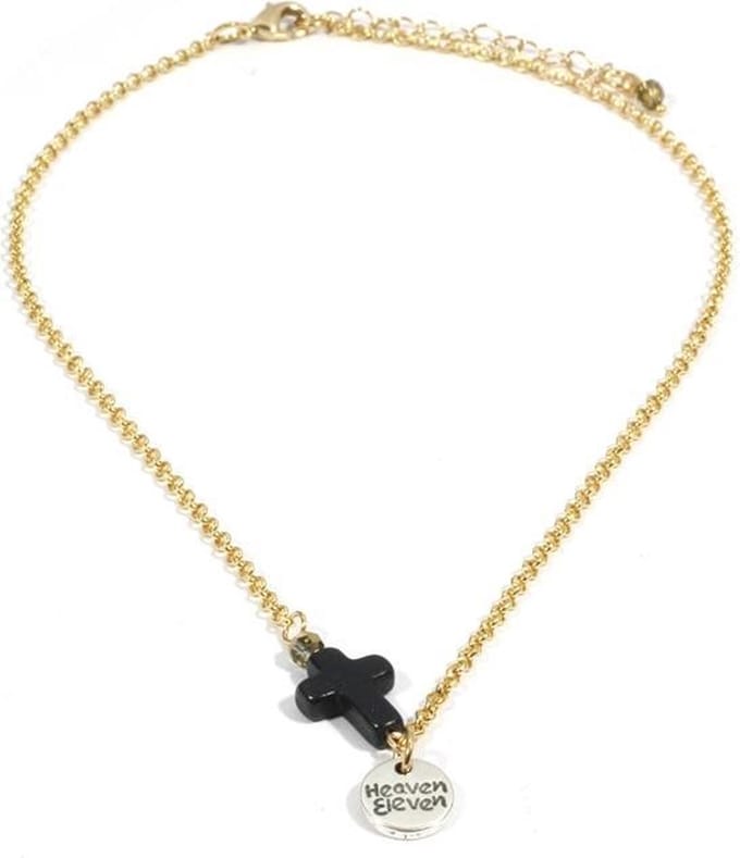 Heaven Eleven dames Ketting goud plating met zwart kruisje