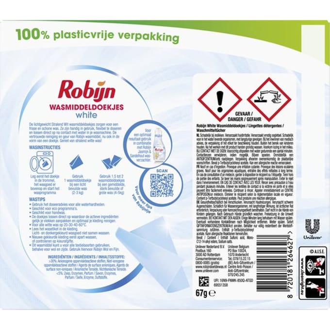 Robijn Classics Stralend Wit Wasmiddeldoekjes 16 wasstrips