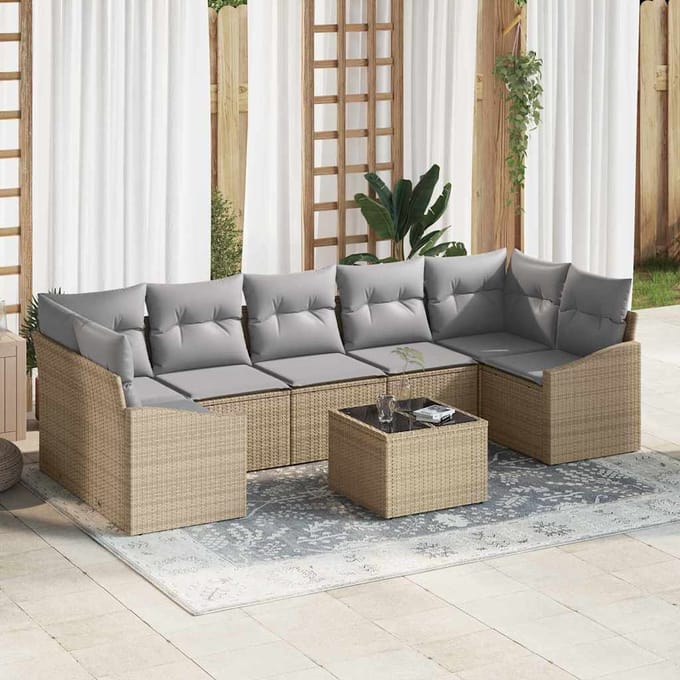 vidaXL Bankstel met kussen met opslag 8 pcs Beige en Grijs poly rattan
