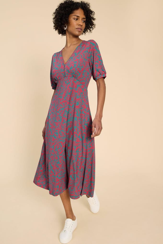 White Stuff Megan Jersey Dress Pink Print Größe: 16 REGULAR | Midikleider Outlet | Damen | Rosa