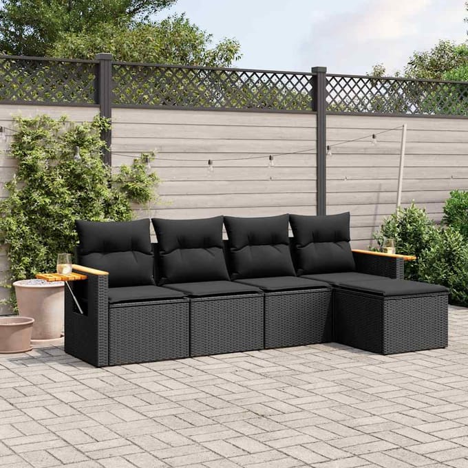 vidaXL - 5-delige - Loungeset - met - kussens - poly - rattan - zwart