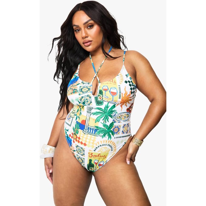 boohoo Dames Plus Postcard Print Tie Front Zwempak | Maat: 28