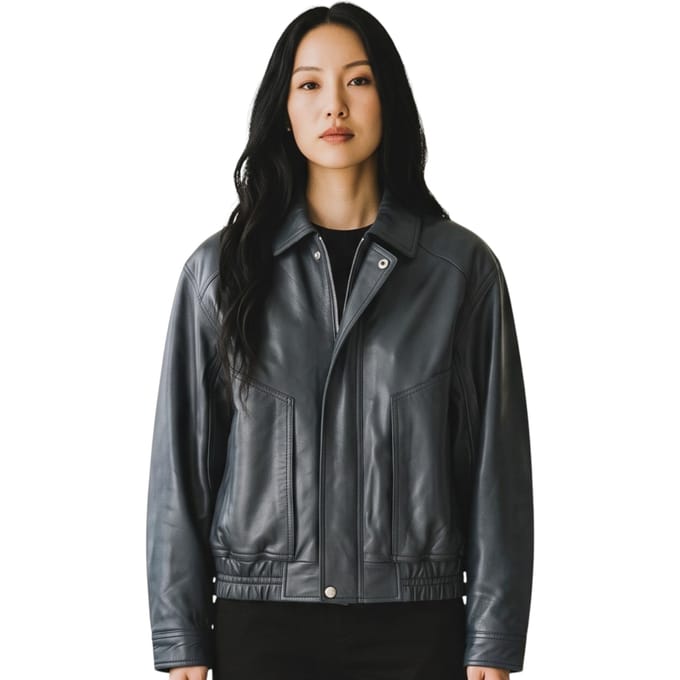 Dames marineblauw leren Biker Blouson Bomber Oversized Jas - Sibiu