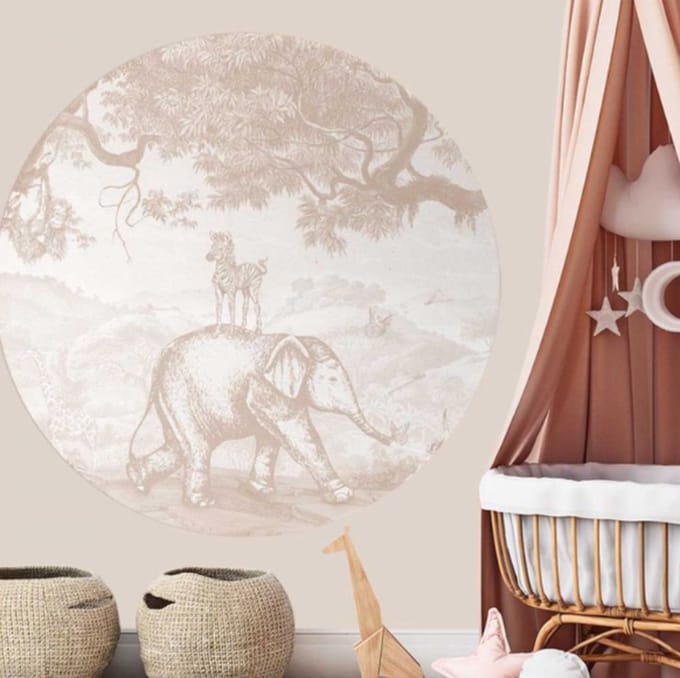 Behangcirkel 60cm Studio Wallz - Baby olifant en zebra schets terra