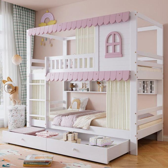 Stapelbed, kinderbed met raam en gordijnen met veiligheidsrek, open schappen, stabiele toegangshelling