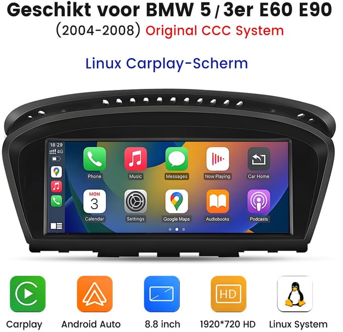 Junsun Android Draadloze CarPlay Radio Geschikt Voor BMW E60 E61 E90 E91 CCC- GPS-Navigatiesystem - Bluetooth - WIFI - 8.8-inch touchscreen