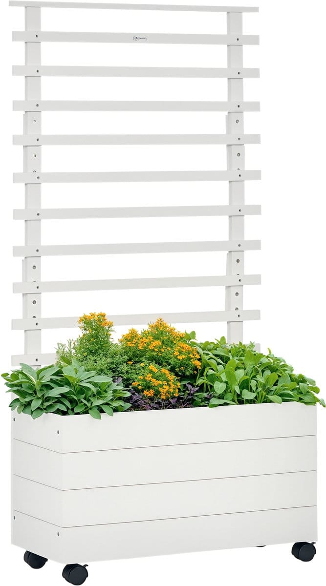 Outsunny - Verhoogde Plantenbak - Dennenhout - met Klimrek - Wit