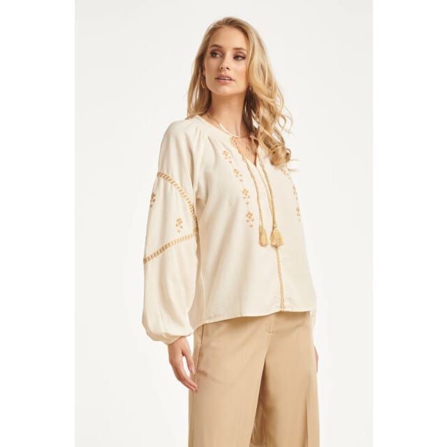 Smashed Lemon Off white blouse met gouden borduursels en koorddetail |