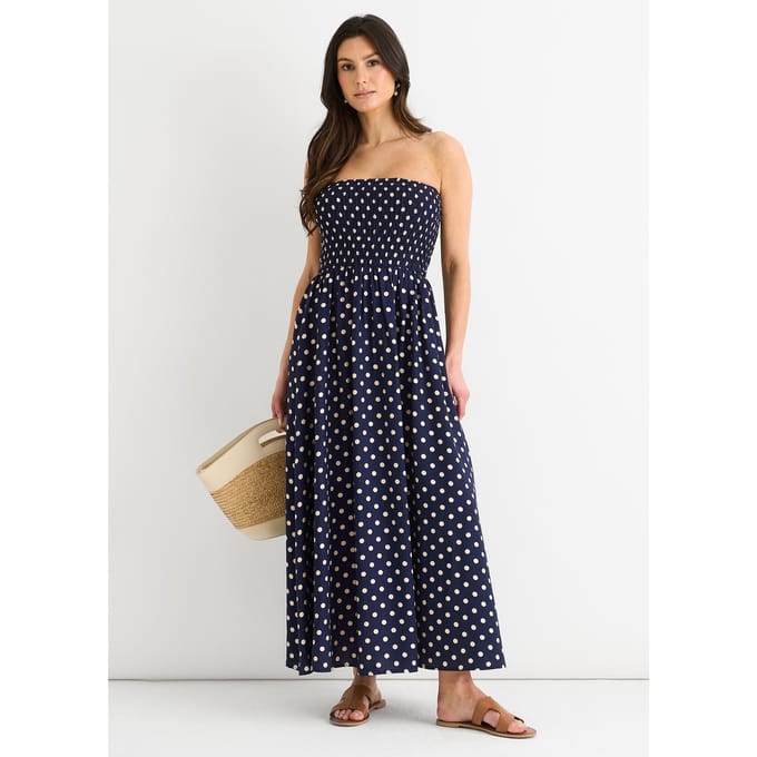 Marineblauwe midi-jurk met gerimpelde bovenkant en viscose stippen