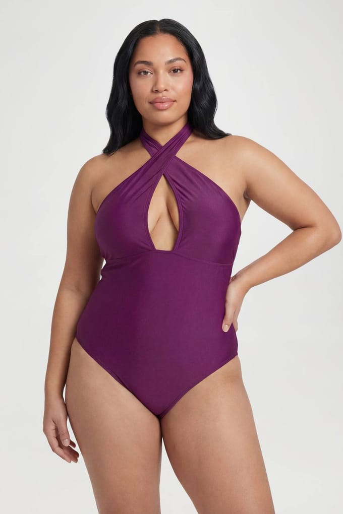 boohoo Dames Plus Halter Crossover Badpak Met Keyhole Detail | Violet | Maat: 44