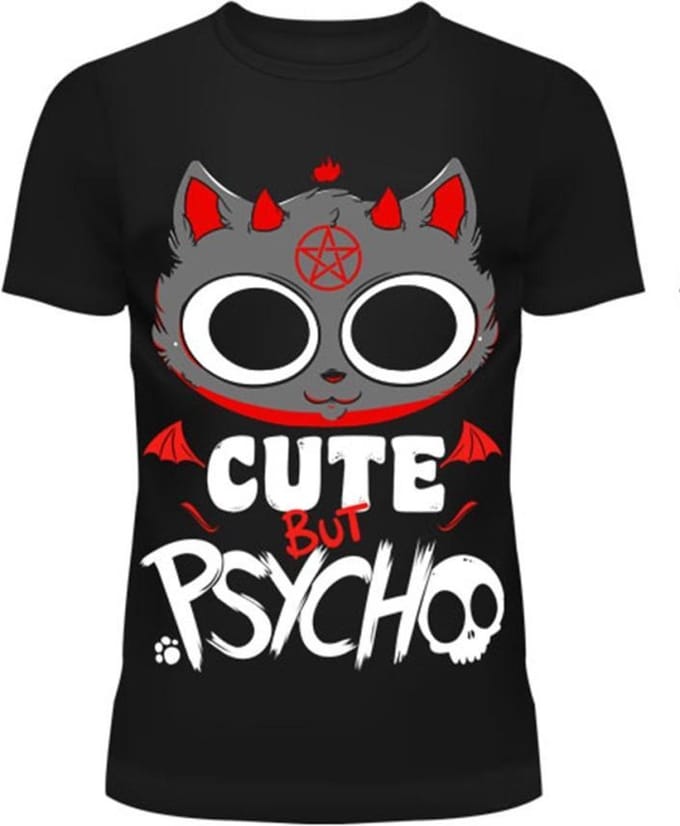 Cupcake Cult Dames Tshirt -L- CUTE BUT PSYCHO KITTY Zwart