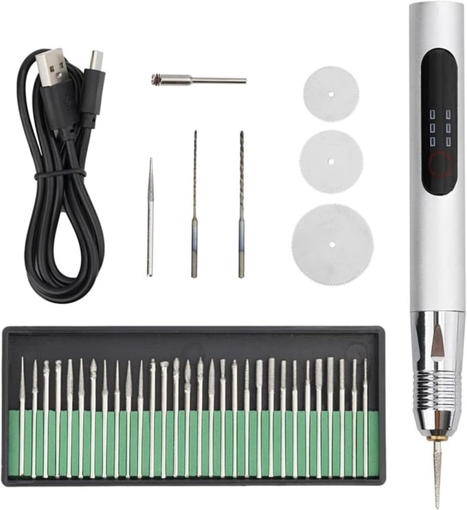 Graveer Pen Set - Mini Machine - Materiaaldetails Bewerken - Instelbare Snelheid - 380mAh Batterij - Zilverkleurig