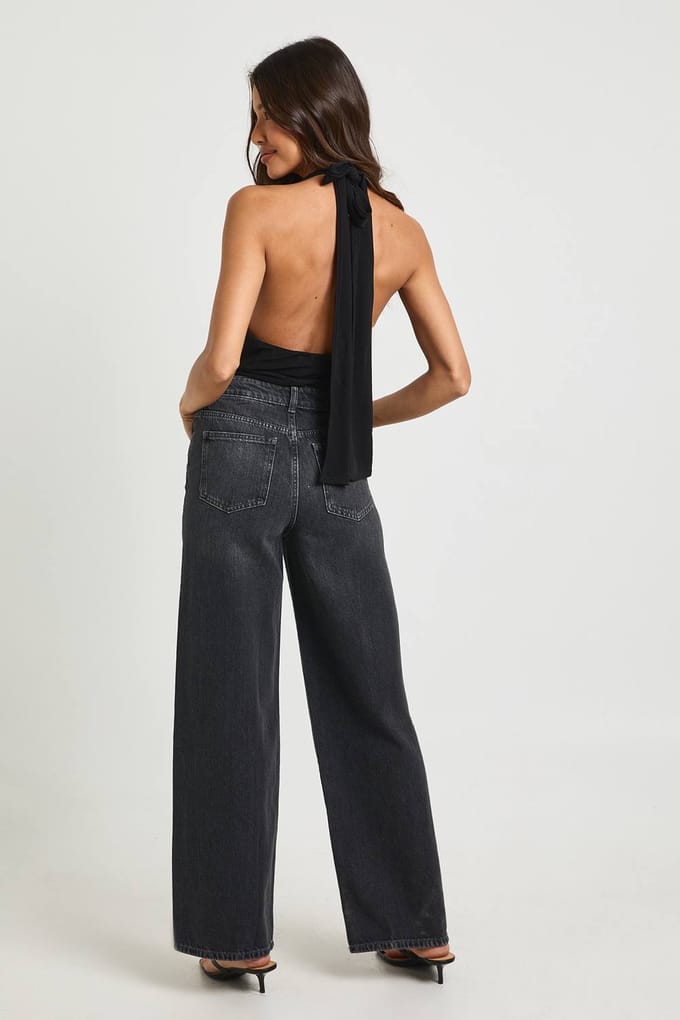 boohoo Dames Basics Hoge Taille Wijde Pijpen Jeans | Washed Black | Maat: 14/32L
