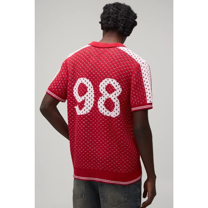 Regular Fit V Neck Football Open Stitch Knitted Polo | Red | Size Medium