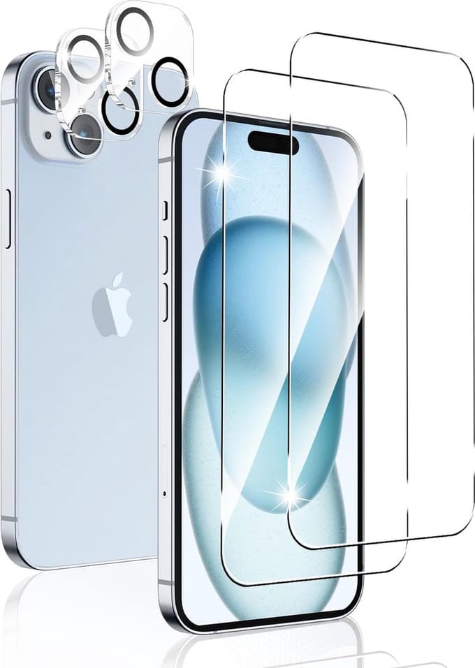 Glasplaatje Screen Protector 2x en Camera lens protector 2x / Tempered glass Screen protector Geschikt voor: iPhone 15 Plus - Beschermglas - Transparant