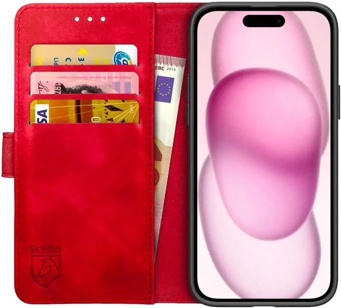 Rosso Element Book Case Wallet Hoesje Geschikt voor Apple iPhone 15 Plus | Portemonnee | 3 Pasjes | Magneetsluiting | Stand Functie | Rood
