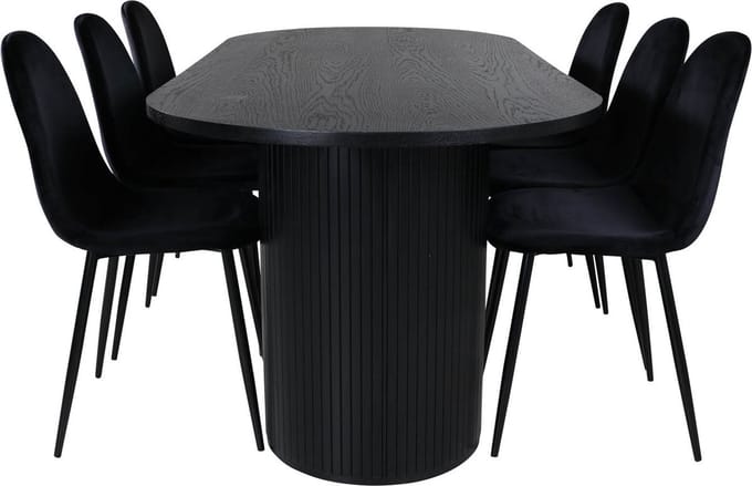BiancaBL eethoek eetkamertafel zwart en 6 Polar eetkamerstal velours zwart.