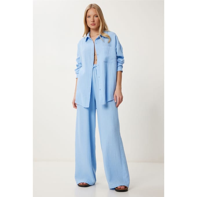 Hoge Taille Brede Pijpen Twee-Delig Co-ord Set met Kraag