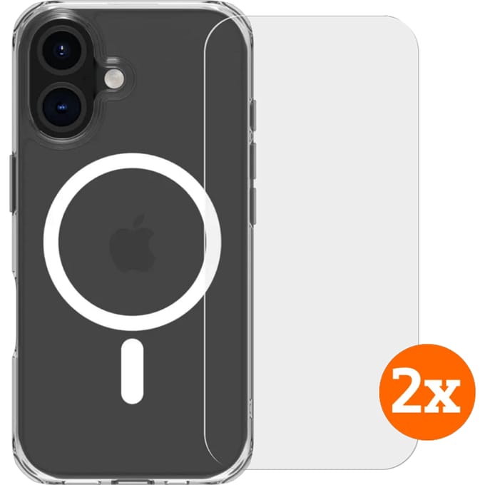 BlueBuilt Protective Cover met MagSafe iPhone 16 Transparant + Screenprotector Duo Pack