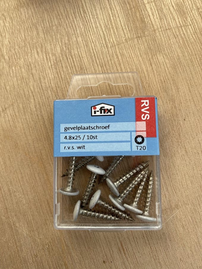 Gevelplaatschroef 4.8x25mm. lang. Torx-T-20. RVS-A2. Wit. 10 stuks. Ifix.