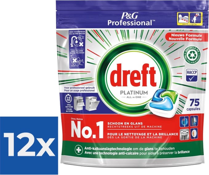 Dreft Platinum Regular All in 1 Vaatwastabletten - 75 Tabs - Voordeelverpakking 12 stuks