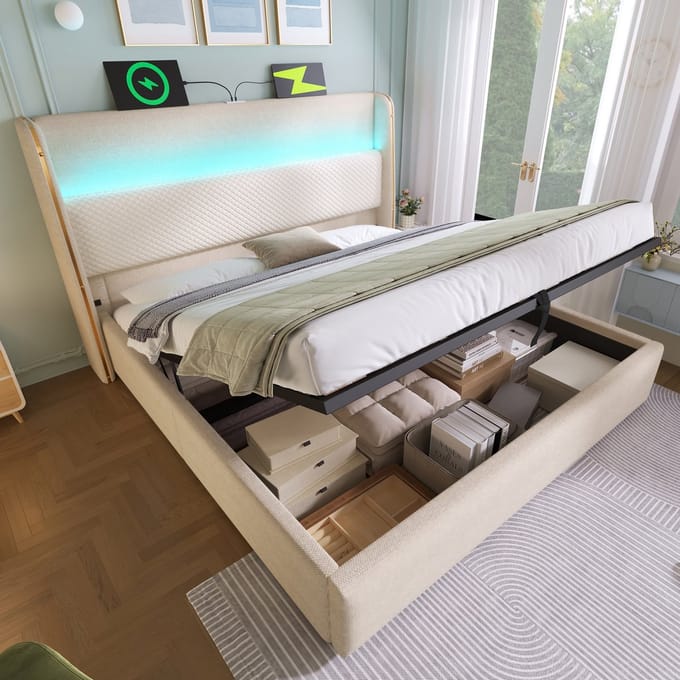 Sweiko Gestoffeerd bed - 140x200 cm - Hoog hoofdeinde - LED-verlichting - Opbergruimte - USB/Type-C - Linnen - Beige