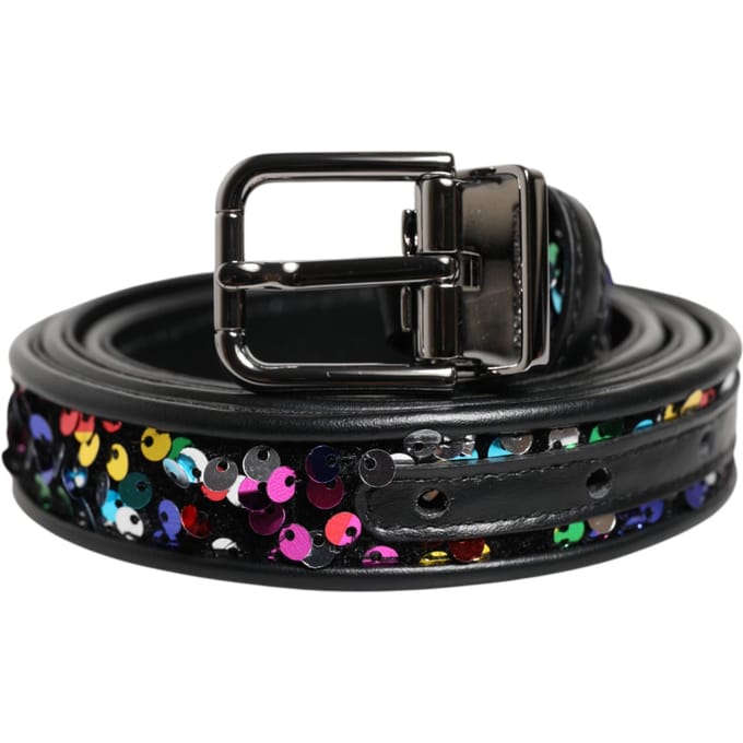 Dolce & Gabbana Zwarte Pailletten Versierde Metalen Gespsluiting Riem