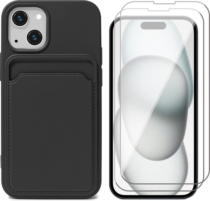 Hoesje Pasjeshouder geschikt voor iPhone 15 - 2x Screenprotector GlassGuard - Siliconen Case Back Cover Zwart & Screen Protector