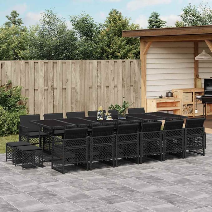 vidaXL - 17-delige - Tuinset - met - kussens - poly - rattan - zwart