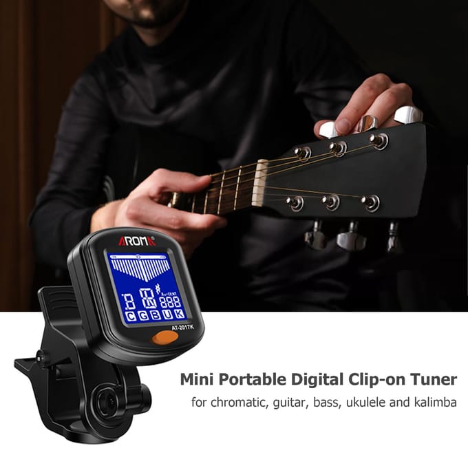 AROMA Clip-on Tuner Mini draagbaar digitaal stemapparaat Multifunctioneel LCD-scherm Roterende clip zwart