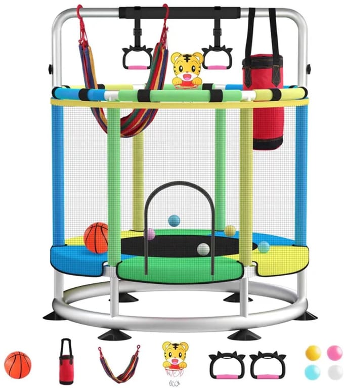 Trampoline Ø150cm-Multifunctionele Trampoline Stalen frame-Ophangringen en hangmat -Ringleuning-Kinder Trampoline