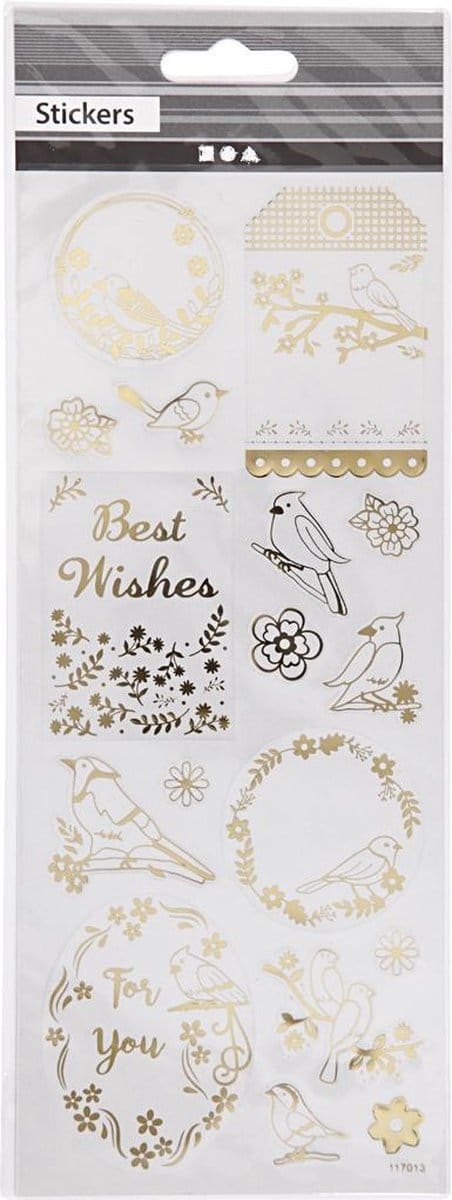 Stickers, vogels, vel 10x24 cm, ca. 17 stuk, goud, 1 vel