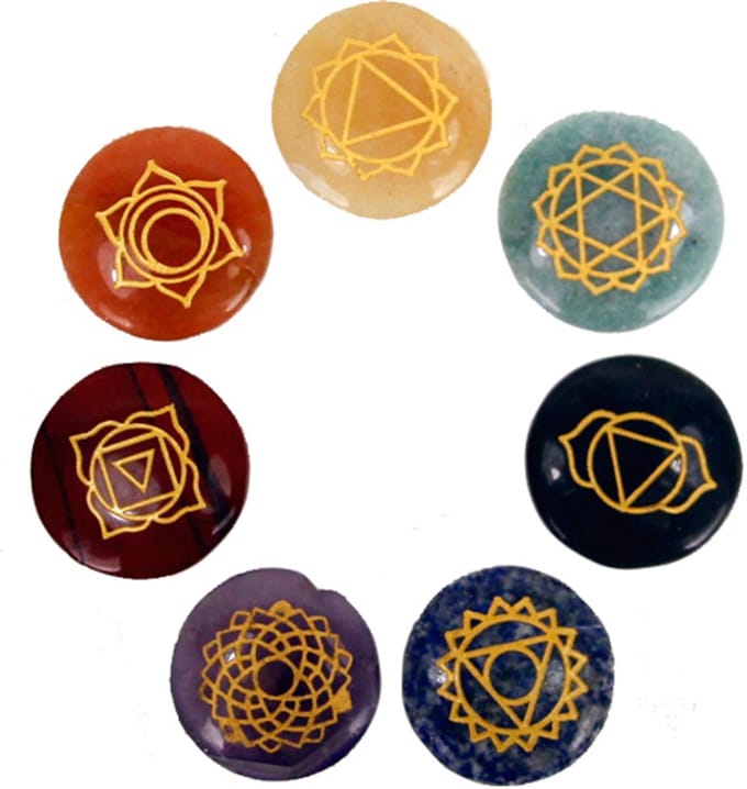 Yogi & Yogini - Halfedelstenen - Set van 7 chakra symbolen ronde halfedelstenen - 3,5 cm