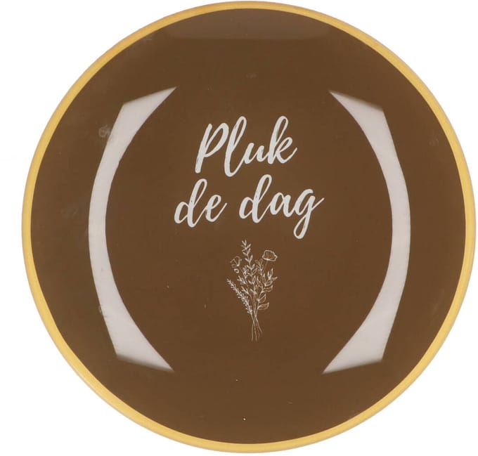 Daan Kromhout - Glazen Bord- Tekstbordje - Glas - Pluk de dag - Rond - Bruin - Ø 18 cm