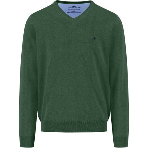 Fynch-Hatton Trui Uni Color Superfine Cotton V-Neck Dark Leaf / male