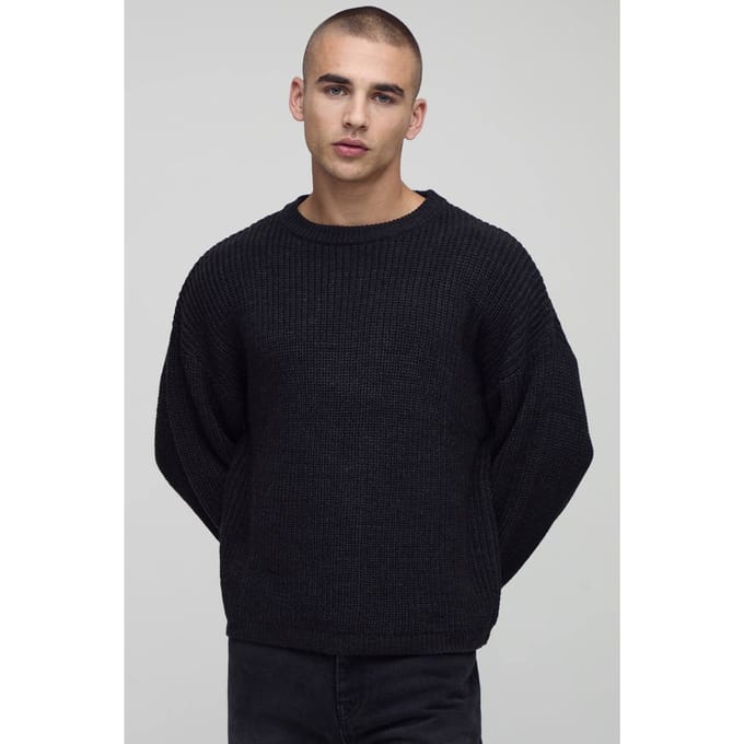 Essential Boxy Fit Ribbed Knitted Jumper | Charcoal | Size Medium