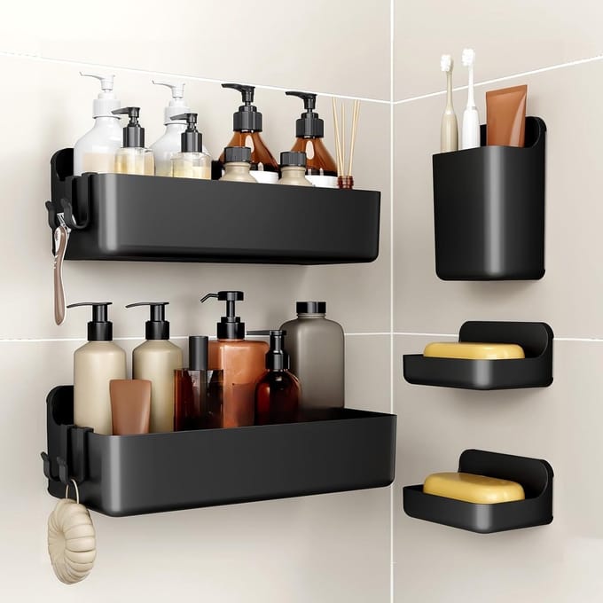 Famanu – Douchecaddy set van 5, boorvrij doucheplanken van ABS, sneldrogend en ruimtebesparend, grote capaciteit, zwart