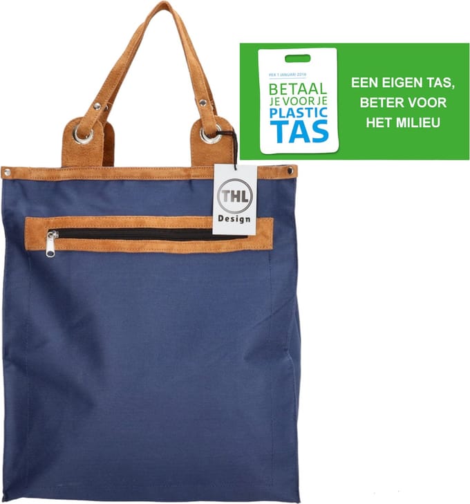 THL Design - Sterke Boodschappentas - Shopper - Leren Handvatten - Donkerblauw