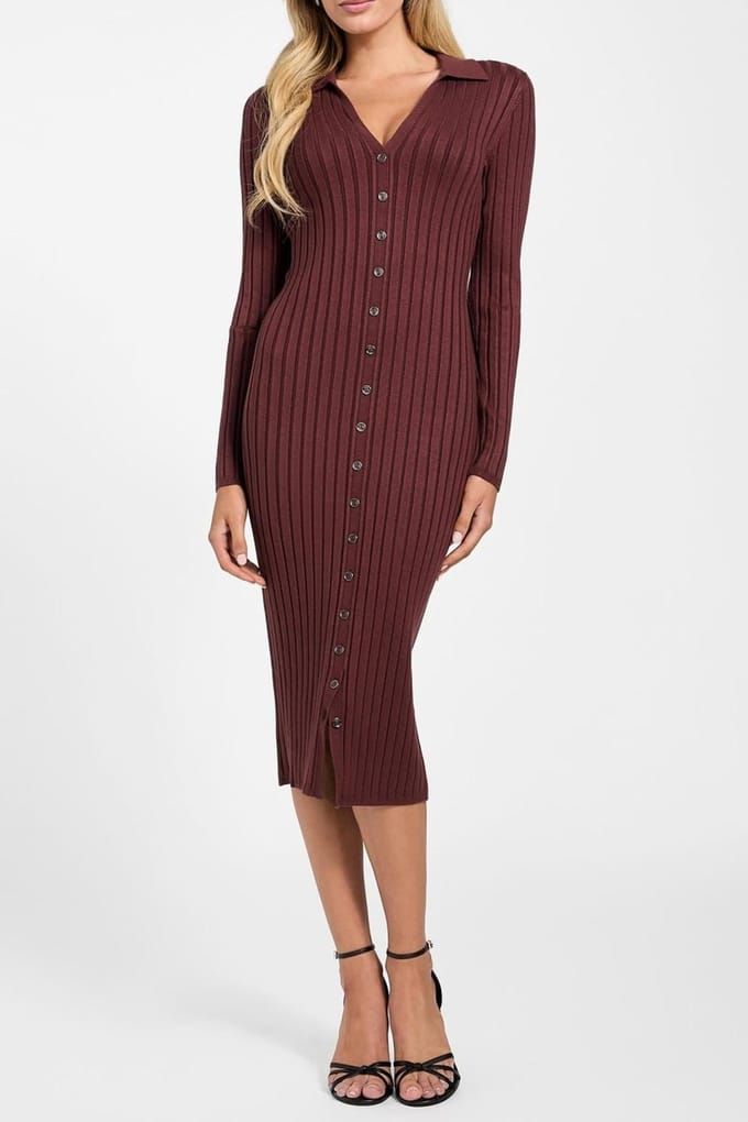 GUESS Ls Vn Rib Miranda Sw Pure Choco Größe: L | Maxikleider Outlet | Damen