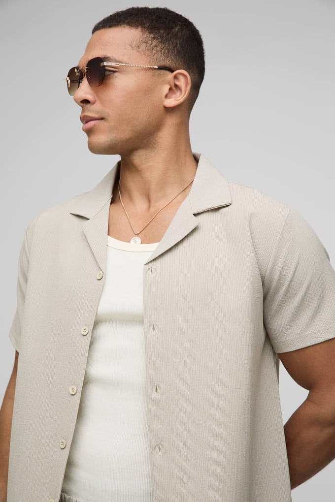 Regular Fit Seersucker Streep Overhemd & Shorts Set | Stone | Size XL