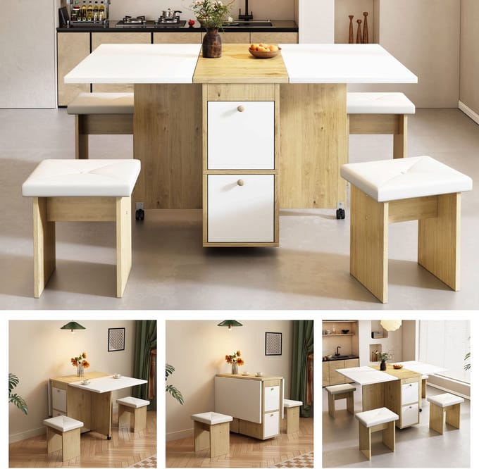 Eettafelset - 120x80x75 cm - Uitschuifbare Klaptafel + 4 Stoelen - Multifunctioneel - MDF/Metaal - Wit/Eiken