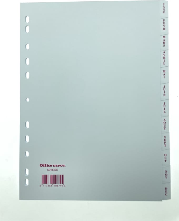 Office Depot tabbladen wit A4 11-gaten Jan-Dec (Franstalig)