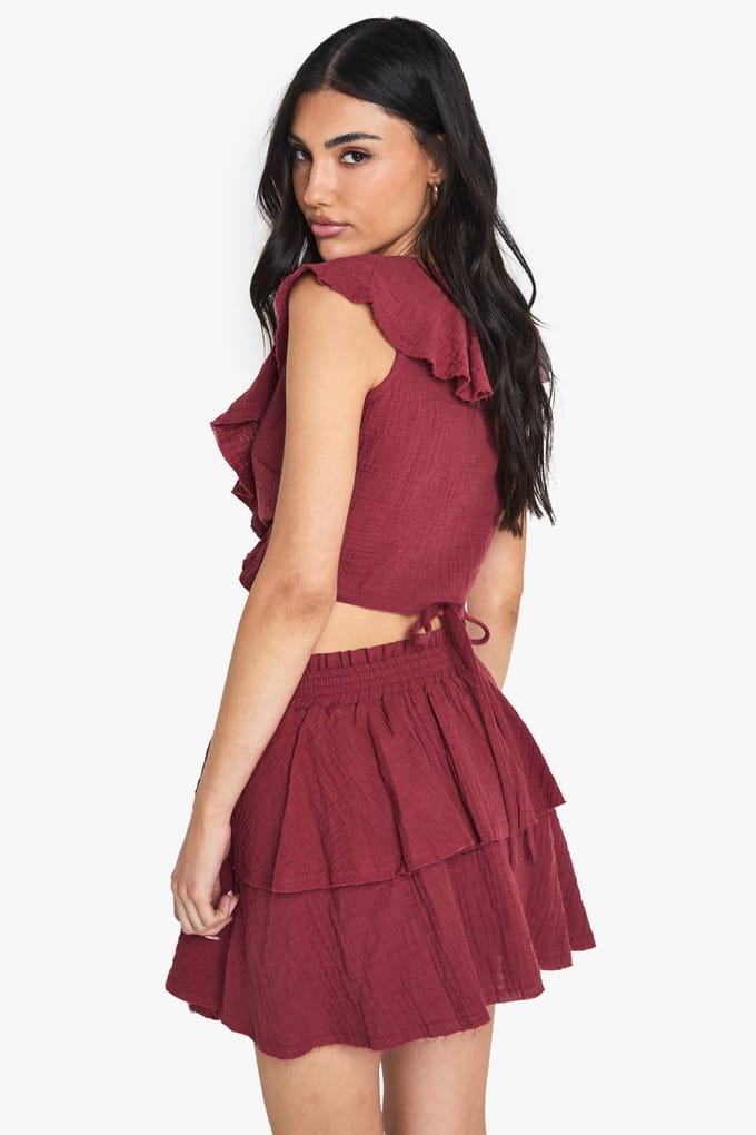 boohoo Dames Kaasdoek Crop Top met Ruffles Wrap-ontwerp | Red | Maat: 14