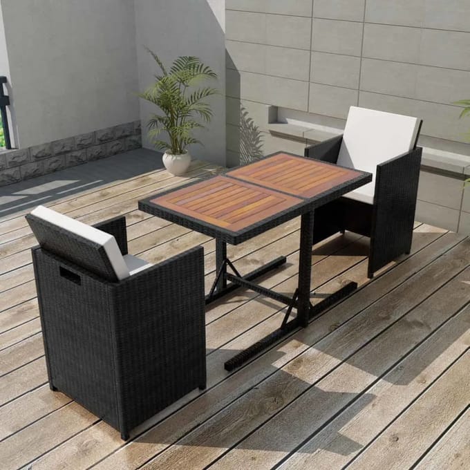vidaXL - 3-delige - Bistroset - met - kussens - poly - rattan - zwart