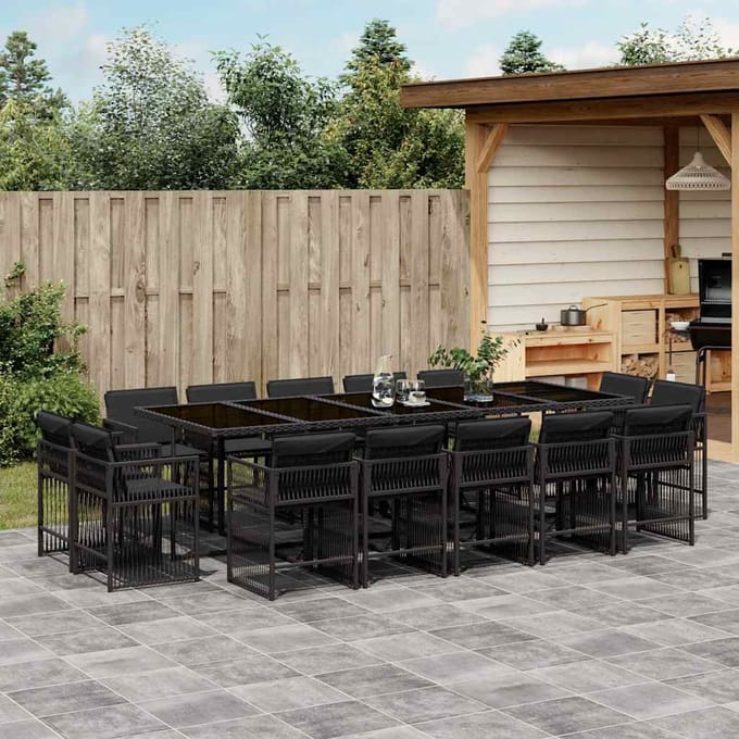 vidaXL - 15-delige - Tuinset - met - kussens - poly - rattan - zwart
