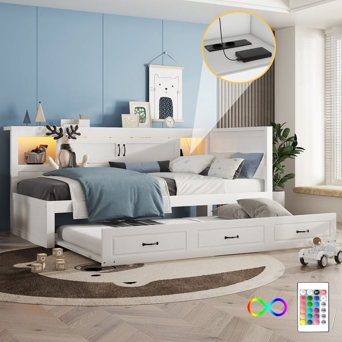 Slaapbank - 90x200 cm - Met LED en Uitschuifbed - USB en Opbergvak - Linnen - Wit