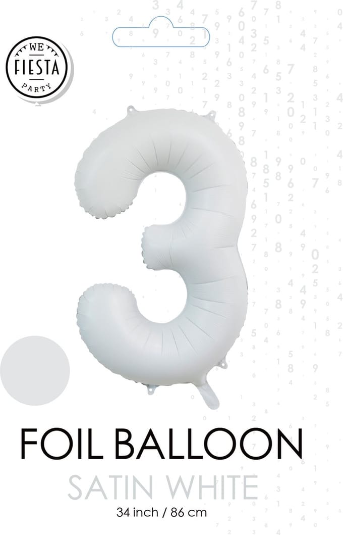 folieballon cijfer 3 mat wit metallic