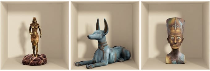 Sticker met 3D-effect van Egyptische beelden en vazen, 30 x 90 cm