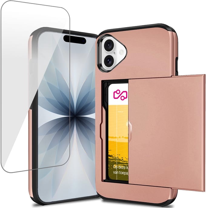Hoesje met Pasjeshouder geschikt voor iPhone 17 - Screen Protector GlassGuard - Back Cover SlideCase Roségoud & Screenprotector